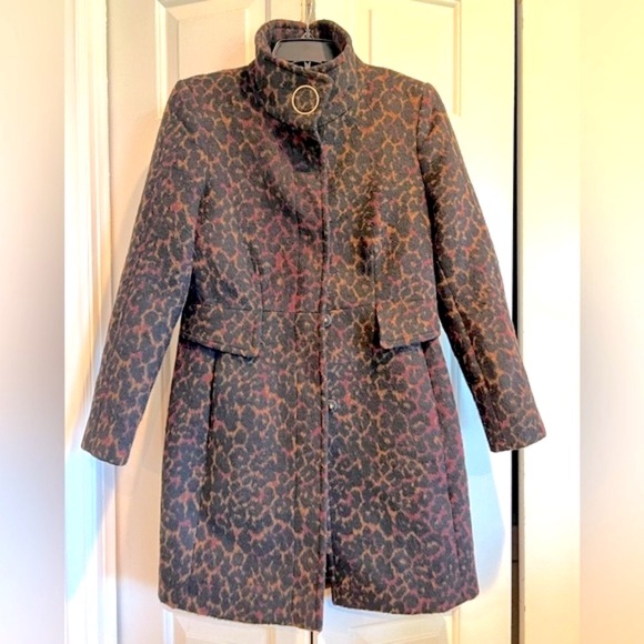 VIA SPIGA 🐆 Stand Collar,  Wine Leopard Print,
Wool Blend Overcoat, Large Snaps - Picture 1 of 12